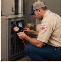 Technician working on HVAC equipment in a cream work shirt
