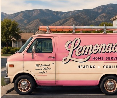 Pink and cream Lemonade Home Service van in a Colorado neighborhood